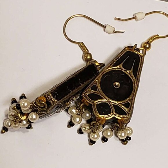 Vintage Paper Mache Pearls Jewelry Earrings Dangle Black Enamel Glass Crystals - Picture 3 of 6